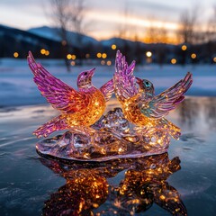 Vibrant ice sculpture of two birds illuminated with colorful lights, reflecting against icy water during a sunset in winter.