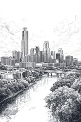 Austin, Texas, black and white pen pencil hand-drawn effect portrait drawing illustration for travel poster, card, wallpaper, backdrop or banner. Modern, clear, artistic and simple