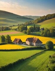 Landscape with houses among agricultural lands