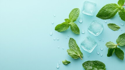 Aufkleber - Mint Leaves and Ice Cubes on Pastel Blue Background