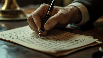 Writer’s Hand Holding a Pen on Paper: A writer's hand elegantly holding a pen, with handwritten notes visible on a sheet of paper. 
