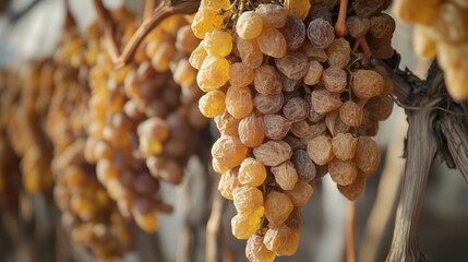 Bunch of dry raisin on tree closeup view