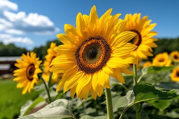 Sunflowers growing tall on a rural farm, their bright yellow petals shining under the summer sun