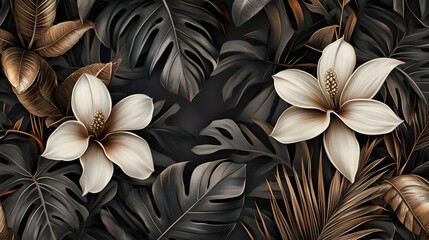 Wall Mural - Gold and White Tropical Leaves and Flowers