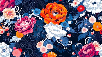 Wall Mural - Colorful Floral Pattern with Blue Swirls