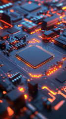 Poster - Orange illuminated modern cpu reveals its intricate circuitry and connections