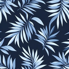 Wall Mural - Tropical Leaves Pattern, Blue and White on Dark Background