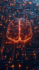 Leinwandbilder - Circuit board glowing orange in the shape of a human brain symbolizing the synergy between artificial intelligence and technology