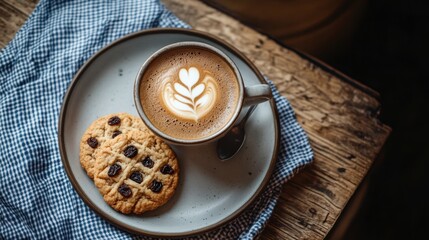 Raisin cookies with coffee on table