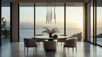 A contemporary dining room with a round table and matching chairs, featuring a minimalist chandelier and a large window with a view