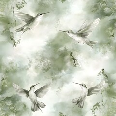 Sticker - Hummingbirds in Flight Watercolor Seamless Pattern