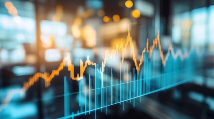 Poster - A financial chart with rising lines, highlighted with arrows, representing a growing market trend. The background shows blurred office equipment, creating a business-focused atmosphere.