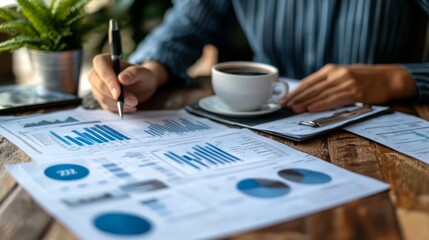 Wall Mural - A financial planner reviewing a detailed budget sheet with graphs and pie charts, surrounded by financial statements and a cup of coffee, indicating thorough planning.