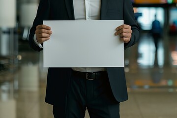 Man in business suit at airport holding blank sheet of paper, concept of transfer, greeting, meeting, welcome, travel, waiting, business, relocation.