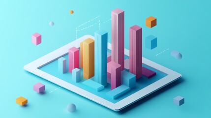 Aufkleber - A flat lay of a digital tablet showing a 3D bar graph, with bars popping out of the screen, symbolizing interactive data analysis in a modern business setting.
