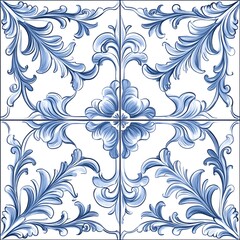 Wall Mural - Blue and White Tile with Floral Design