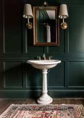 Wall Mural - A classic bathroom with green molding on the wall a wood floor and a freestanding white sink. There is a red carpet and two sconces around the mirror