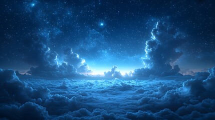 Wall Mural - Soft clouds move across a star-filled night sky, with the glowing stars casting a soft light on the landscape. The realistic 3D design highlights the beauty of the fantasy sky