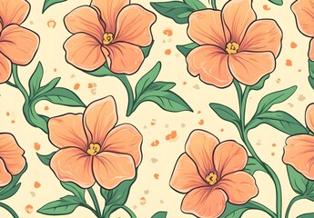 Wall Mural - Seamless Pattern with Orange Flowers and Green Leaves on a Light Yellow Background