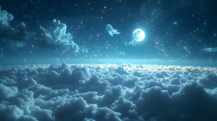 Wall Mural - Stars twinkle in a vast night sky with smooth clouds adding movement and texture, creating a fantasy-inspired, peaceful scene. The 3D realistic rendering enhances the depth of the sky