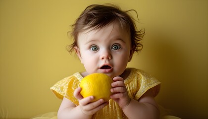 Wall Mural - Surprised baby holding a lemon, capturing an adorable moment of curiosity and wonder