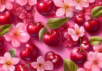 Poster - Cherry Blossom and Cherries on Pink Background