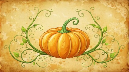 Illustrated vintage-inspired orange pumpkin with green stem and curly vine tendrils, adorned with ornate scrollwork, on a distressed, creamy yellow background.