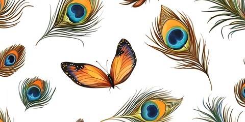 Sticker - Peacock Feathers and Butterfly Watercolor Illustration