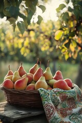 Wall Mural - Fresh pear fruit in basket