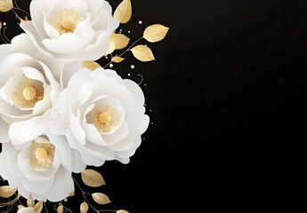 Wall Mural - White Flowers with Golden Leaves on Black Background