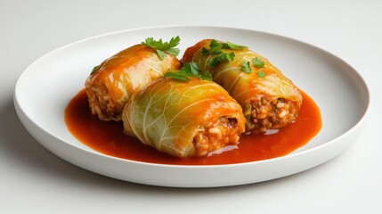 kosher dish of stuffed cabbage rolls, filled with rice and ground beef, covered in a tangy tomato sauce