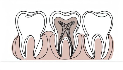 Single continuous line drawing of tooth with a cavity; isolated on white background