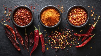 A flat lay of chili seasonings, including ground chili powder, dried whole chilies, and chili flakes, artfully arranged on a black slate background.