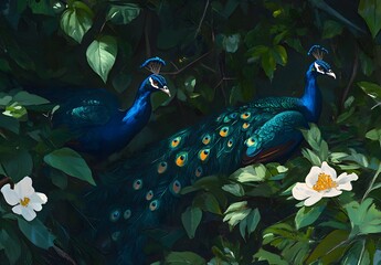 Wall Mural - Two Peacocks in a Lush Garden