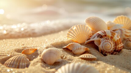 A collection of white and brown seashells scattered on a sandy beach with a tropical ocean backdrop