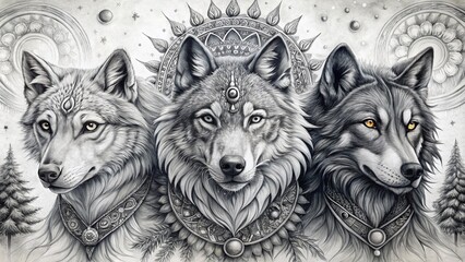 Intricate pencil sketches of wolves in various poses, adorned with tribal patterns and celestial elements, showcasing fierce yet mystical creatures in detailed illustrations.