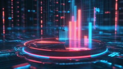 Aufkleber - A futuristic 3D pie chart with glowing neon segments, rotating in a digital space, symbolizing modern data visualization and business analytics.