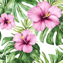 Poster - Watercolor Tropical Floral Seamless Pattern