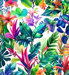 Sticker - Tropical Leaves and Flowers Watercolor Pattern