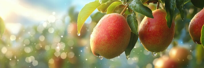 Ripe pear fruit growing on tree