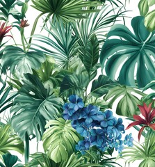 Canvas Print - Tropical Leaves and Flowers Seamless Pattern