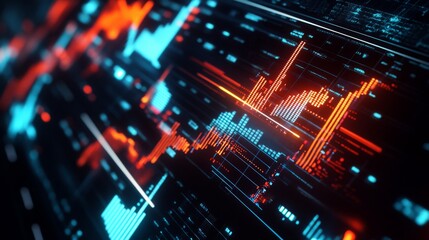 Poster - A futuristic financial graph with 3D elements, highlighting significant growth in the global economy. The vibrant colors and glowing lines make the data look dynamic and impactful.