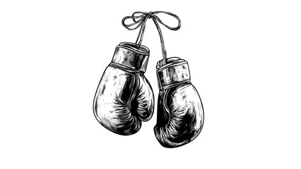 inking of beat up boxing gloves hanging from strings, vector, simple