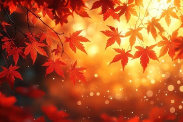 Wall Mural - ethereal autumn forest scene with golden sunlight filtering through vibrant red and orange maple leaves creating a dreamy atmosphere with soft bokeh and mist in the background