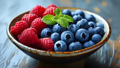 Canvas Print - Vibrant bowl of fresh fruit featuring juicy blueberries and luscious raspberries