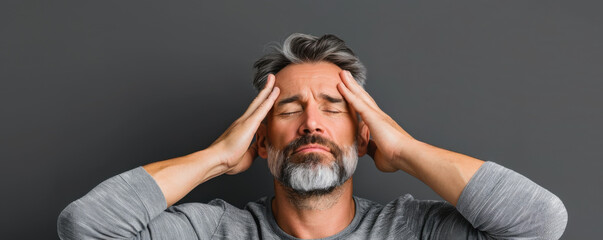 A mature man with gray hair holds his temples in pain, showing discomfort and stress against a dark gray background.