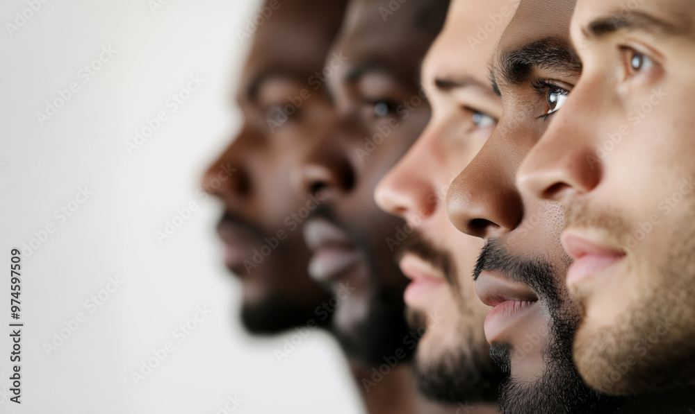 All Races Mixed Portrait of five multiethnic, mixed races and skin tones young men with ...