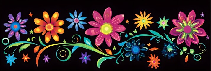 Canvas Print - Colorful Flower Pattern on Black Background