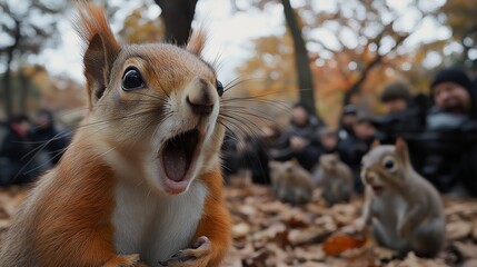 Wall Mural - A squirrel is standing in the woods and making a loud noise. There are several people in the background, some of whom are wearing black