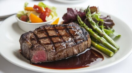 Wall Mural - A gourmet steak dinner presented on a modern plate, accompanied by a red wine reduction sauce, asparagus spears, and a side salad, all set on a clean white table.